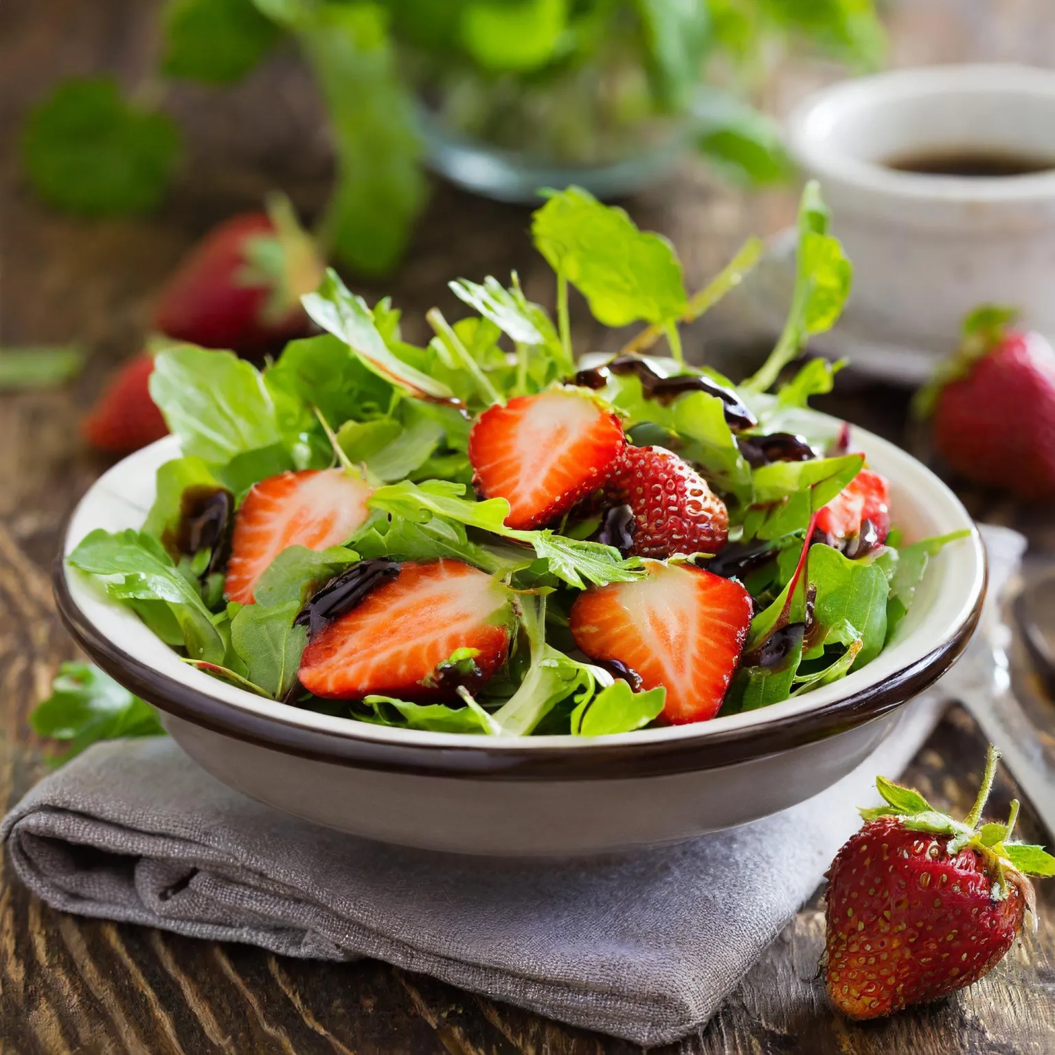 Salade de jeunes pousses et fraises, vinaigrette balsamique