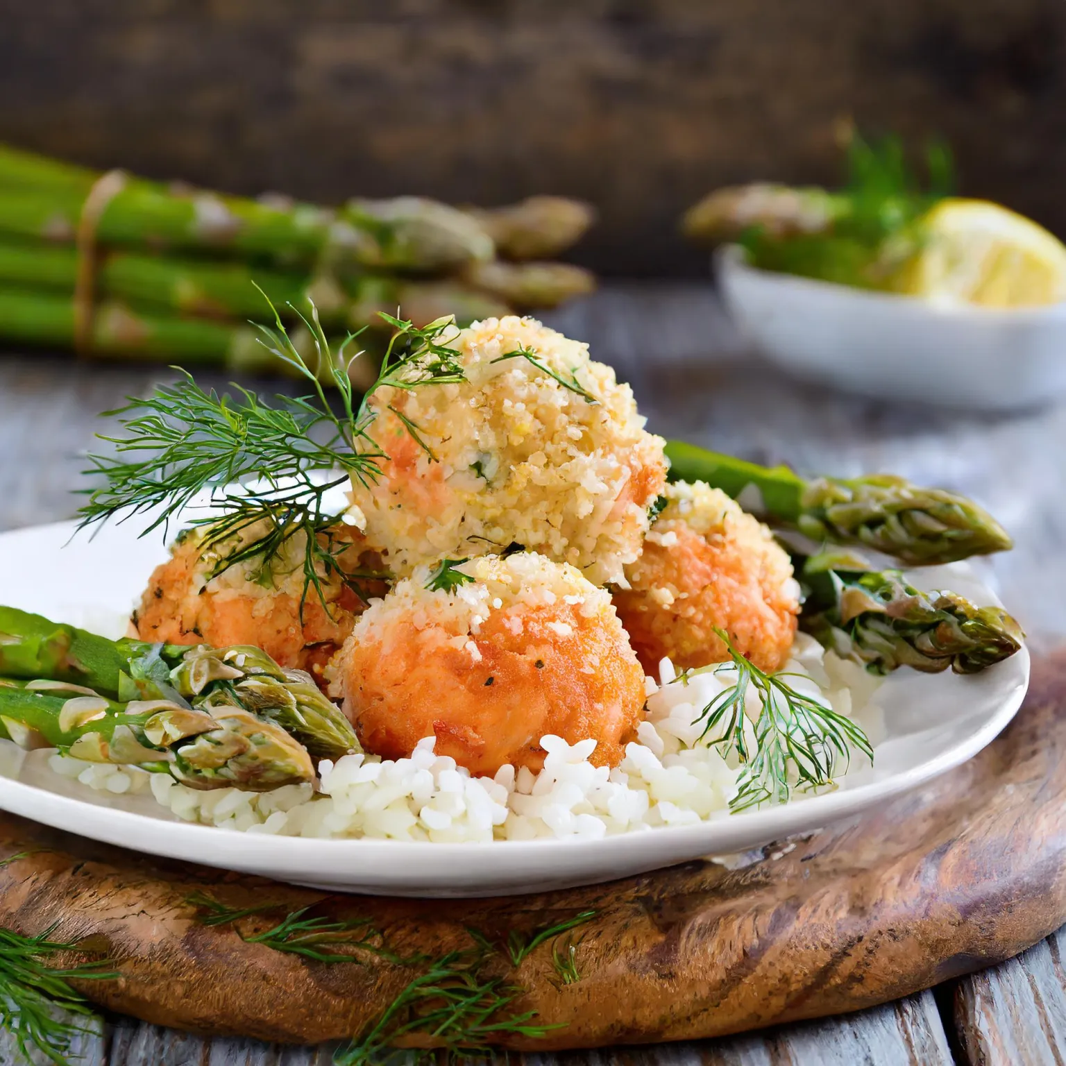 Boulettes de riz au saumon et aux asperges