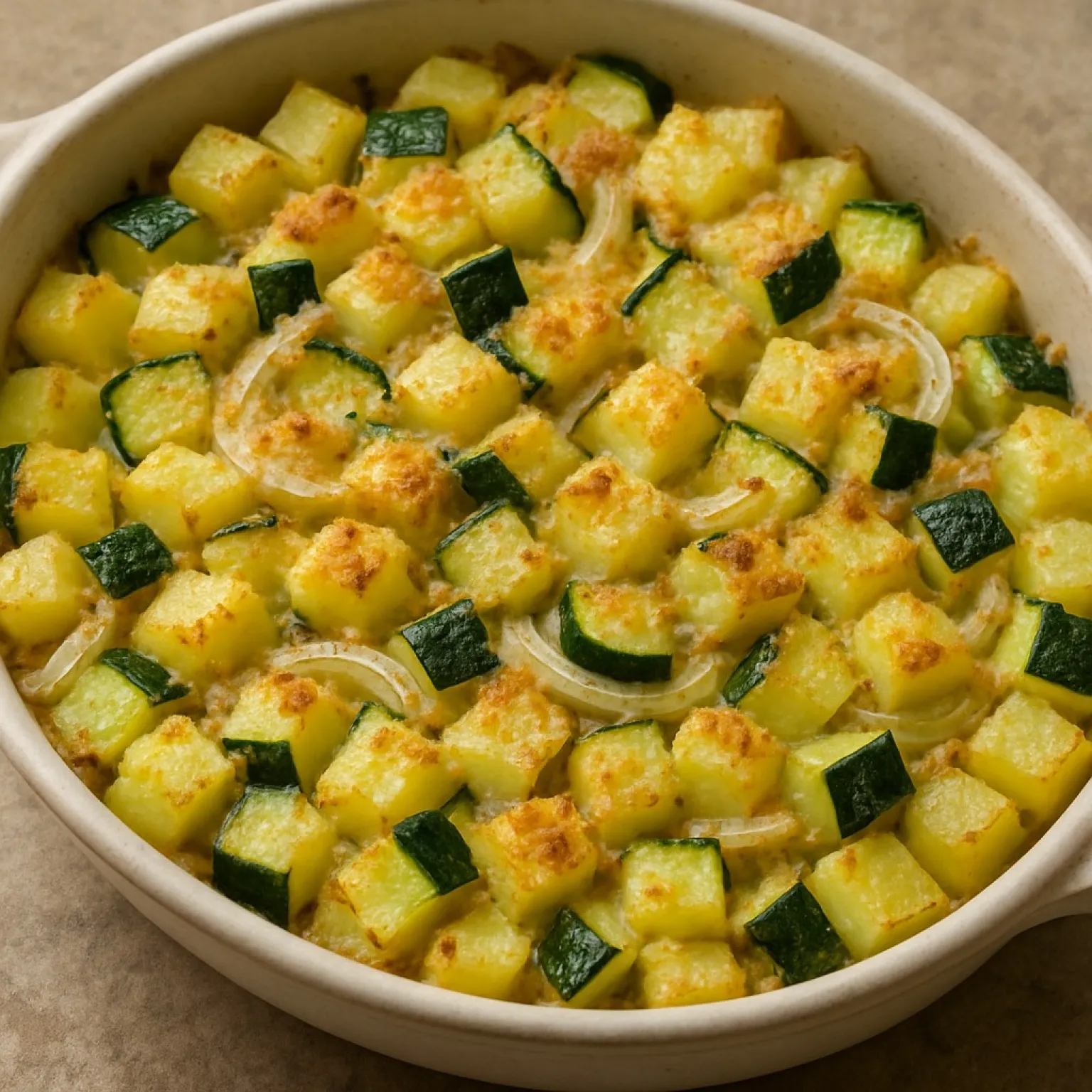 Courgettes, pommes de terre et oignons gratinés au parmesan