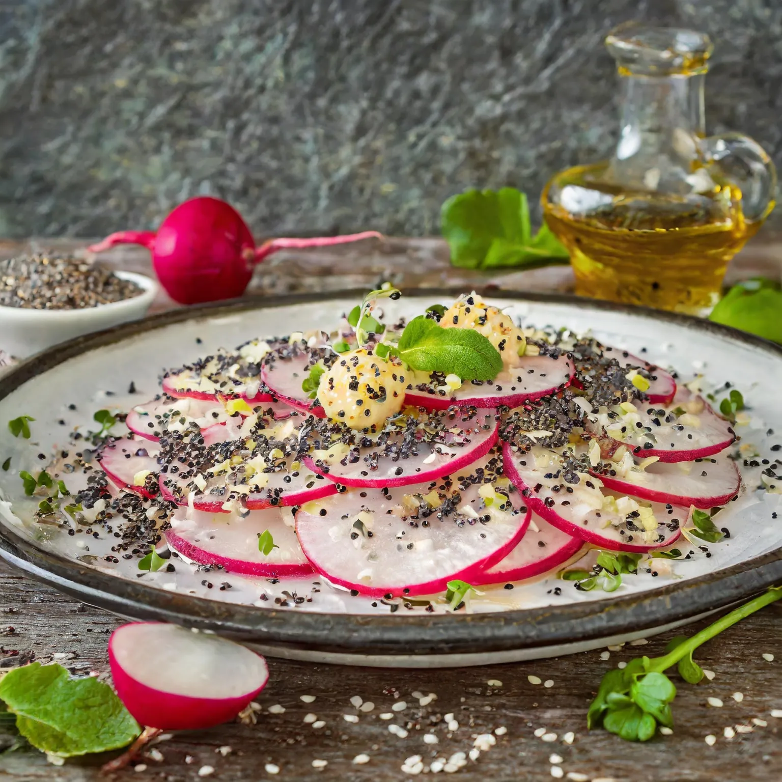 Carpaccio de radis, vinaigrette à l’orange et graines de pavot