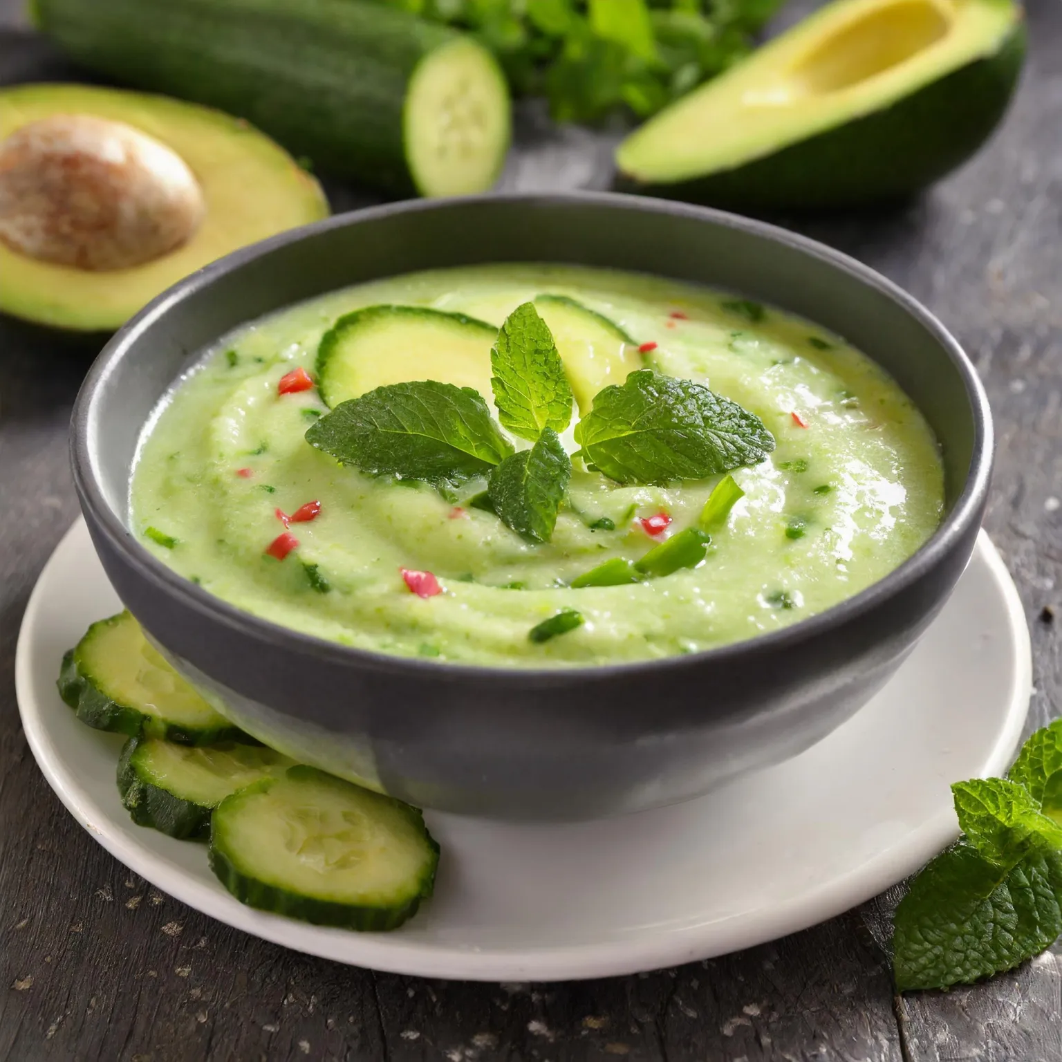 Soupe froide de concombre et avocat à la menthe