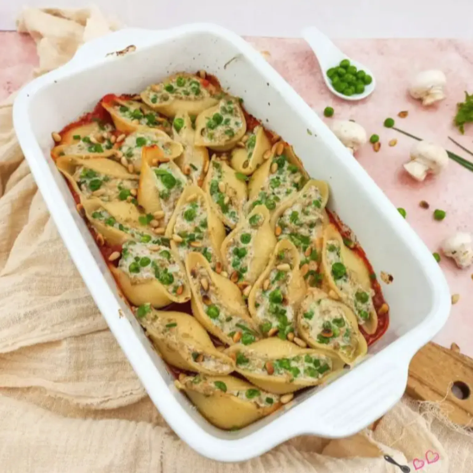 Conchiglioni farcis aux petits pois et champignons (companion ou non)