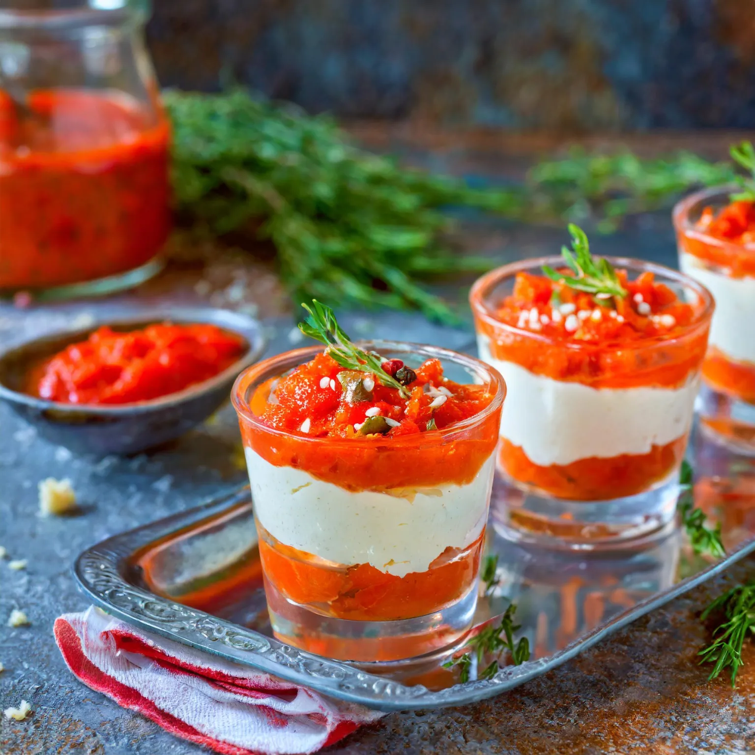 Verrines de mousse de chèvre et coulis de poivrons rouges