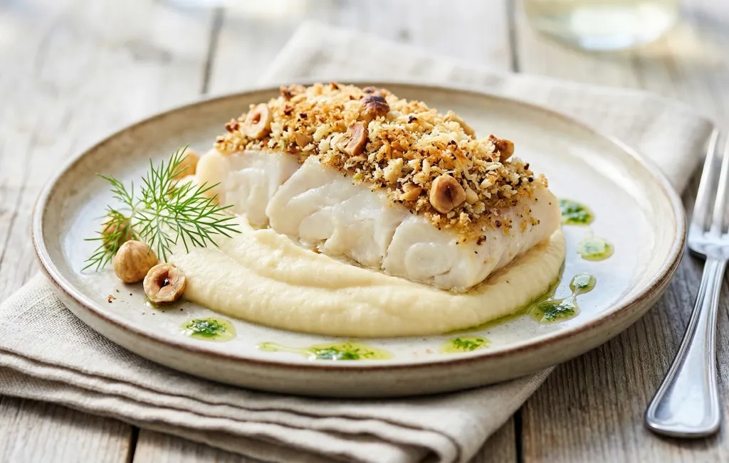 Dos de Cabillaud en Croûte de Noisettes et sa Purée de Panais